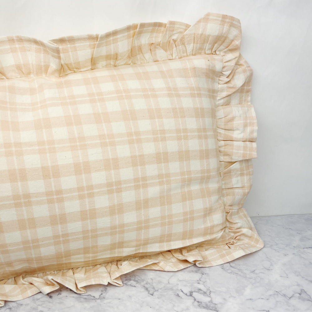 Blush Gingham Pillow with Ruffle Trim