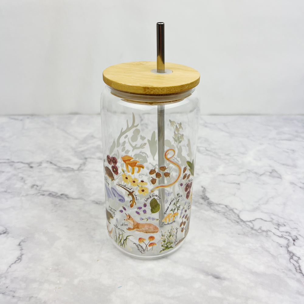 Flora and Fauna Glass Can Cup with Lid and Straw