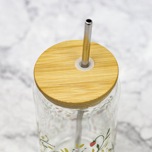 Strawberry Meadow Glass Can Cup with Lid and Straw
