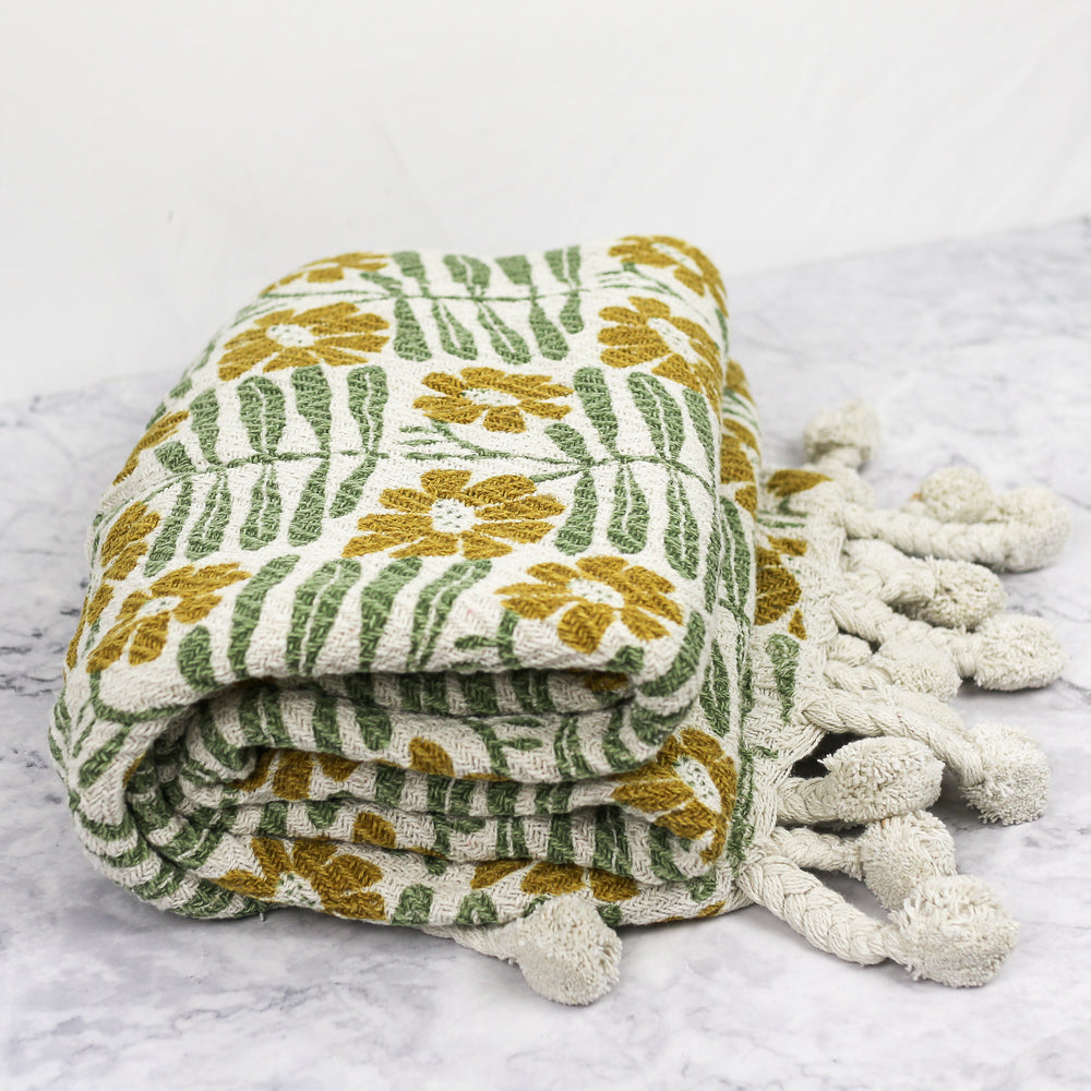 Recycled Cotton Throw with Green and Mustard Floral Print