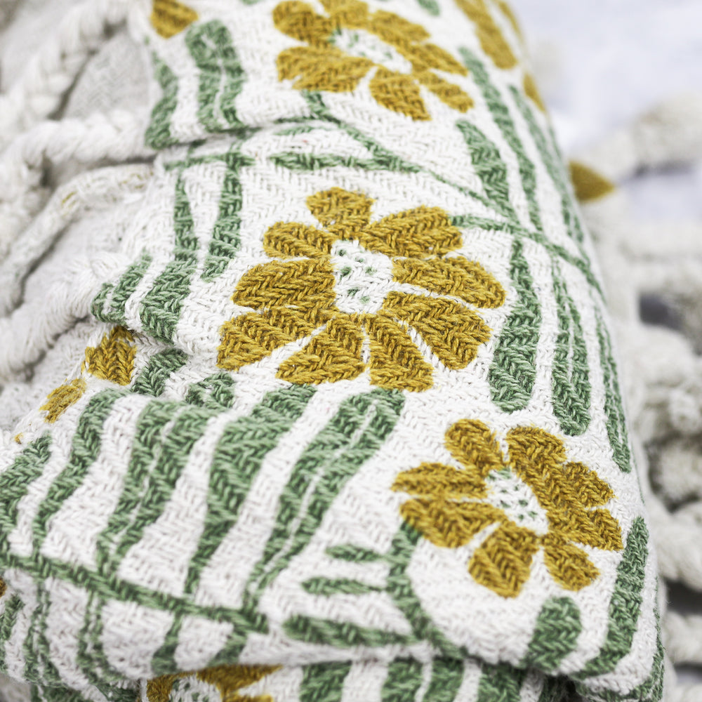Recycled Cotton Throw with Green and Mustard Floral Print
