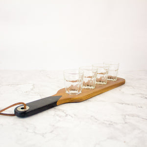 Wooden Serving Paddle & Shot Glasses