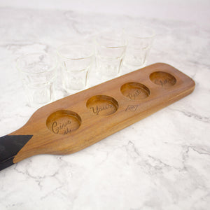 Wooden Serving Paddle & Shot Glasses