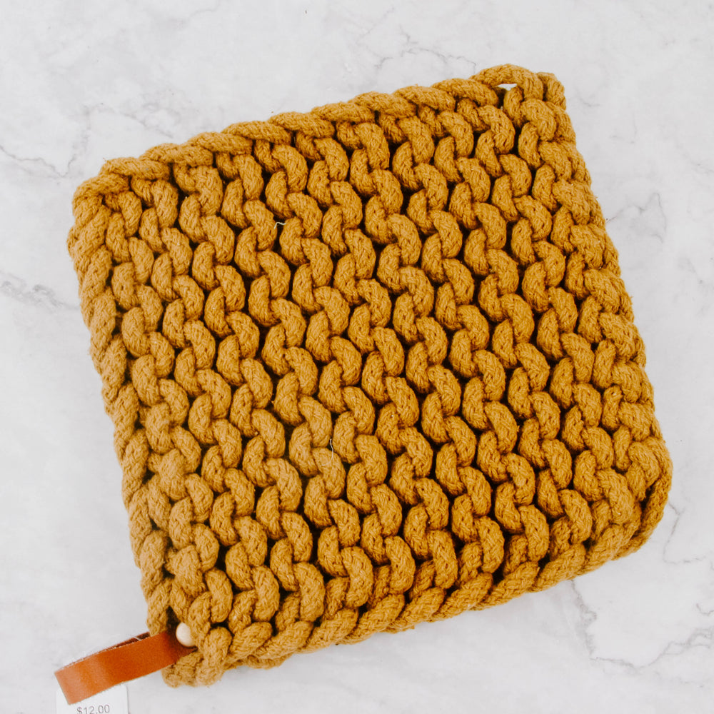 Woven Cotton Pot Holder With Leather Loop