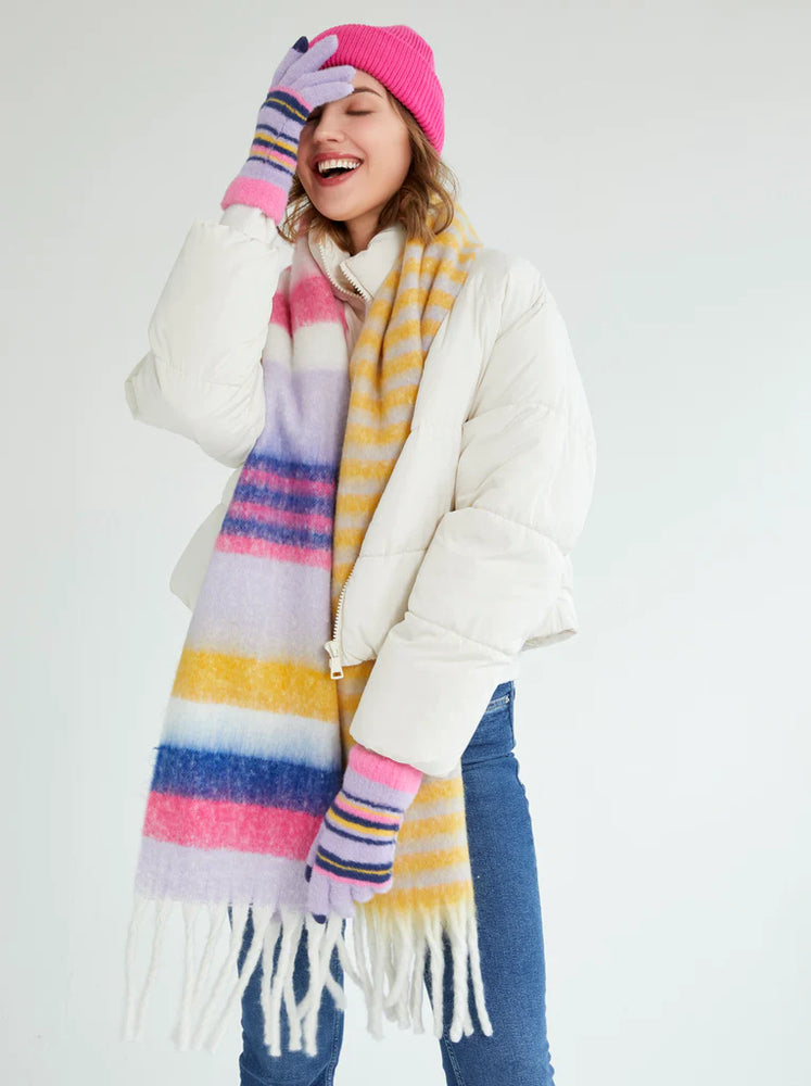 
                
                    Load image into Gallery viewer, Yellow and Lilac Striped Scarf
                
            
