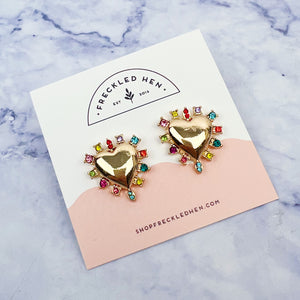 Rainbow Gem Gold Heart Earrings