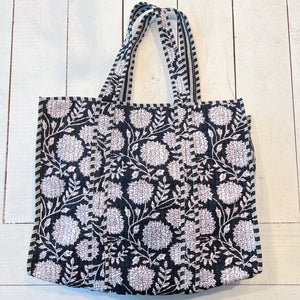 Black Dalhia Printed Boho Bag with Striped Piping