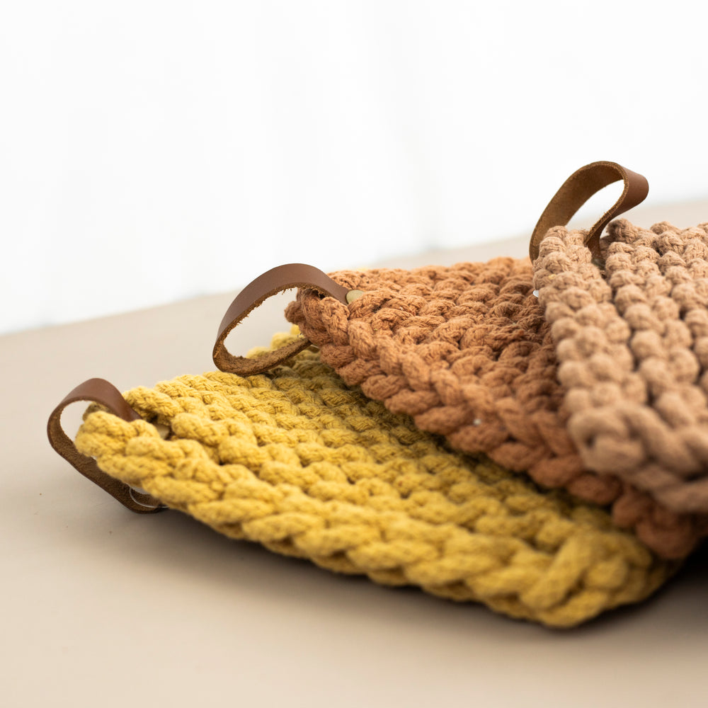 Woven Cotton Pot Holder With Leather Loop