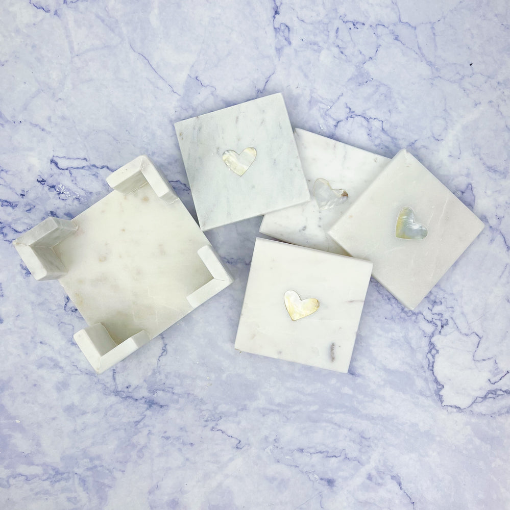 White Marble Coaster Set with Gold Hearts