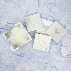 White Marble Coaster Set with Gold Hearts