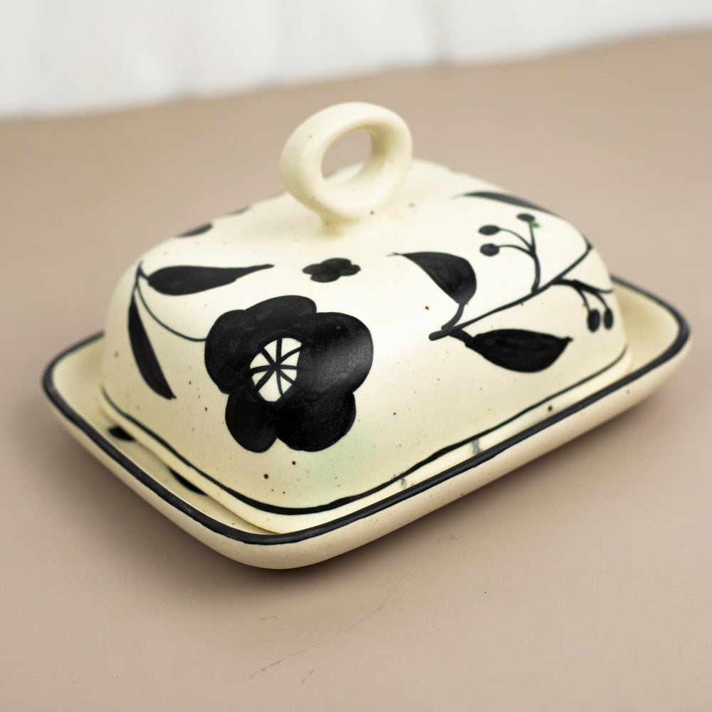 Black and White Hand Painted Butter Dish