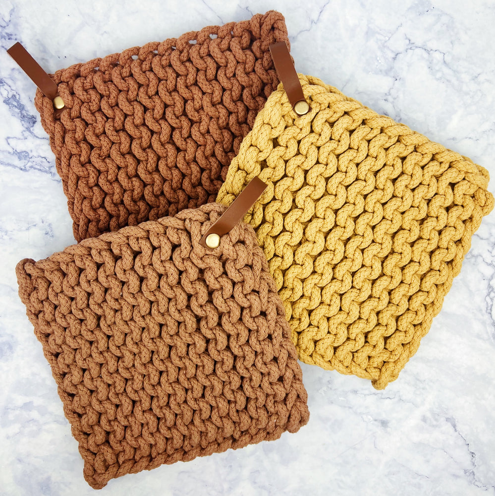 Woven Cotton Pot Holder With Leather Loop