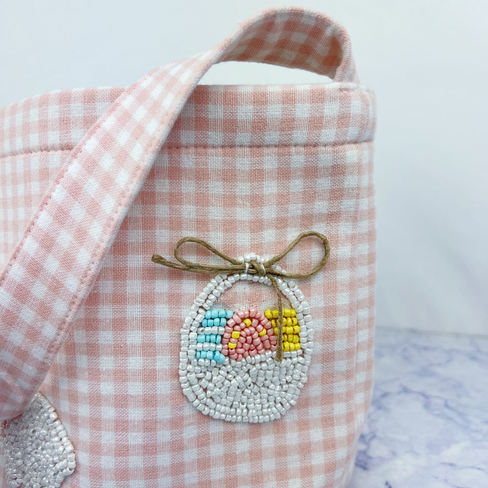 Pink Gingham Beaded Bucket Bag