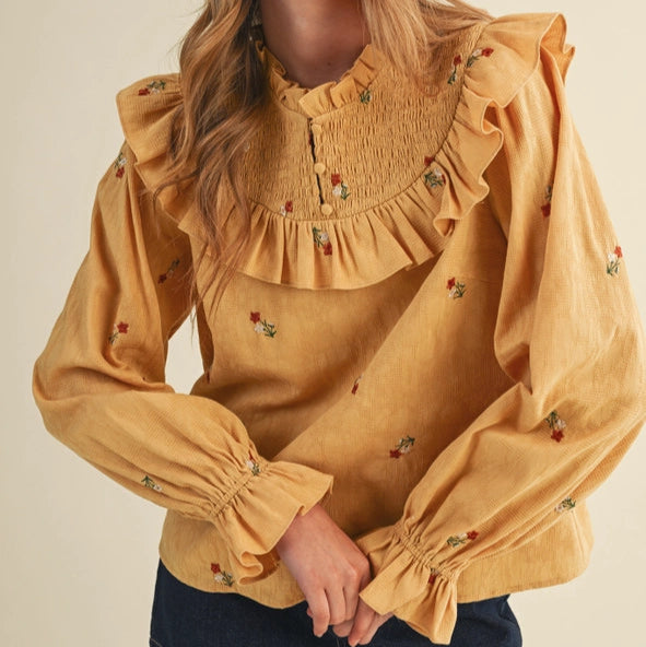 Floral Mustard Smocked Blouse