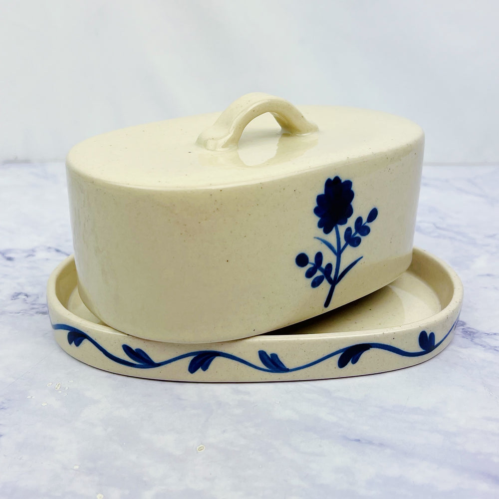 Blue Floral Stoneware Butter Dish