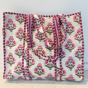 White Cotton Floral Printed Boho Bag with Striped Piping