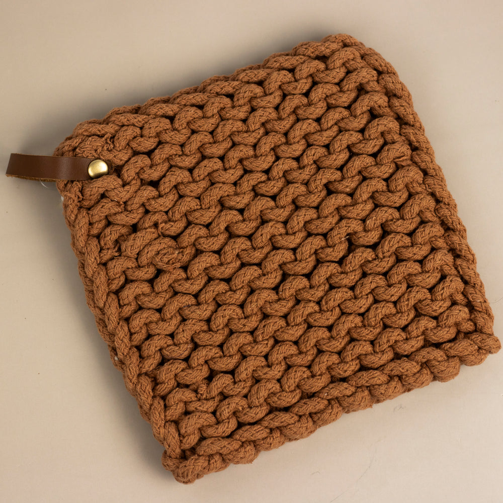 Woven Cotton Pot Holder With Leather Loop