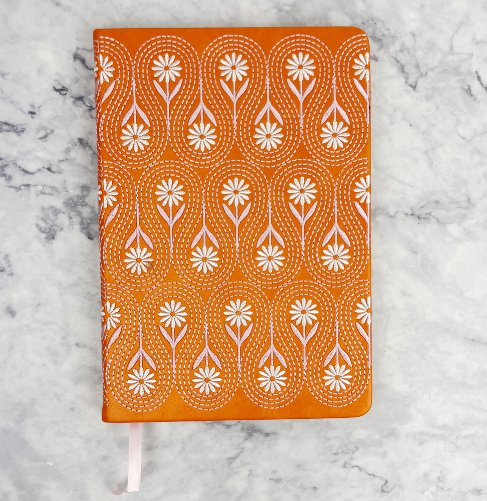 Lined Orange Leather Journal with Embroidered Daisies
