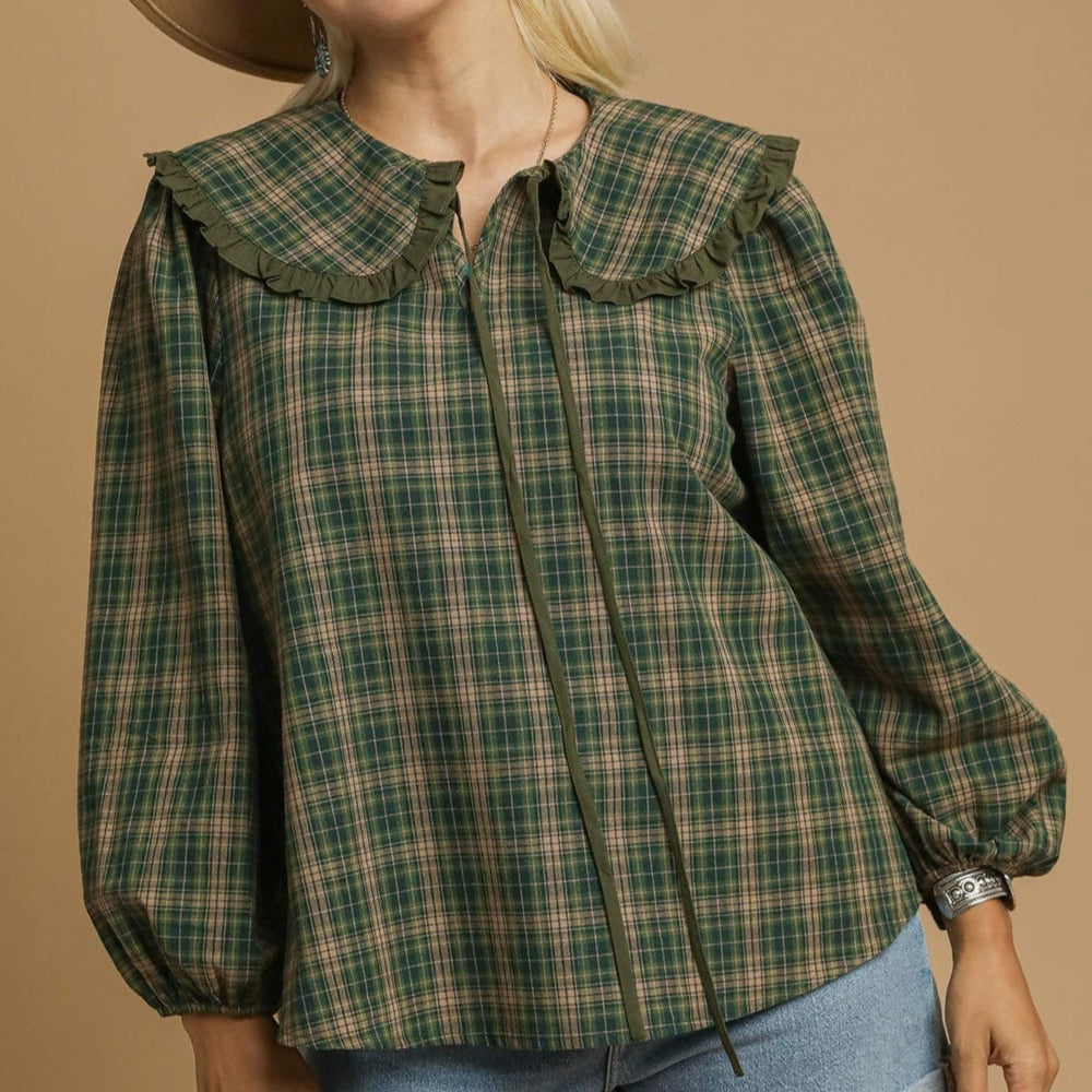 Olive Green Plaid Ruffle Top