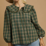 Olive Green Plaid Ruffle Top