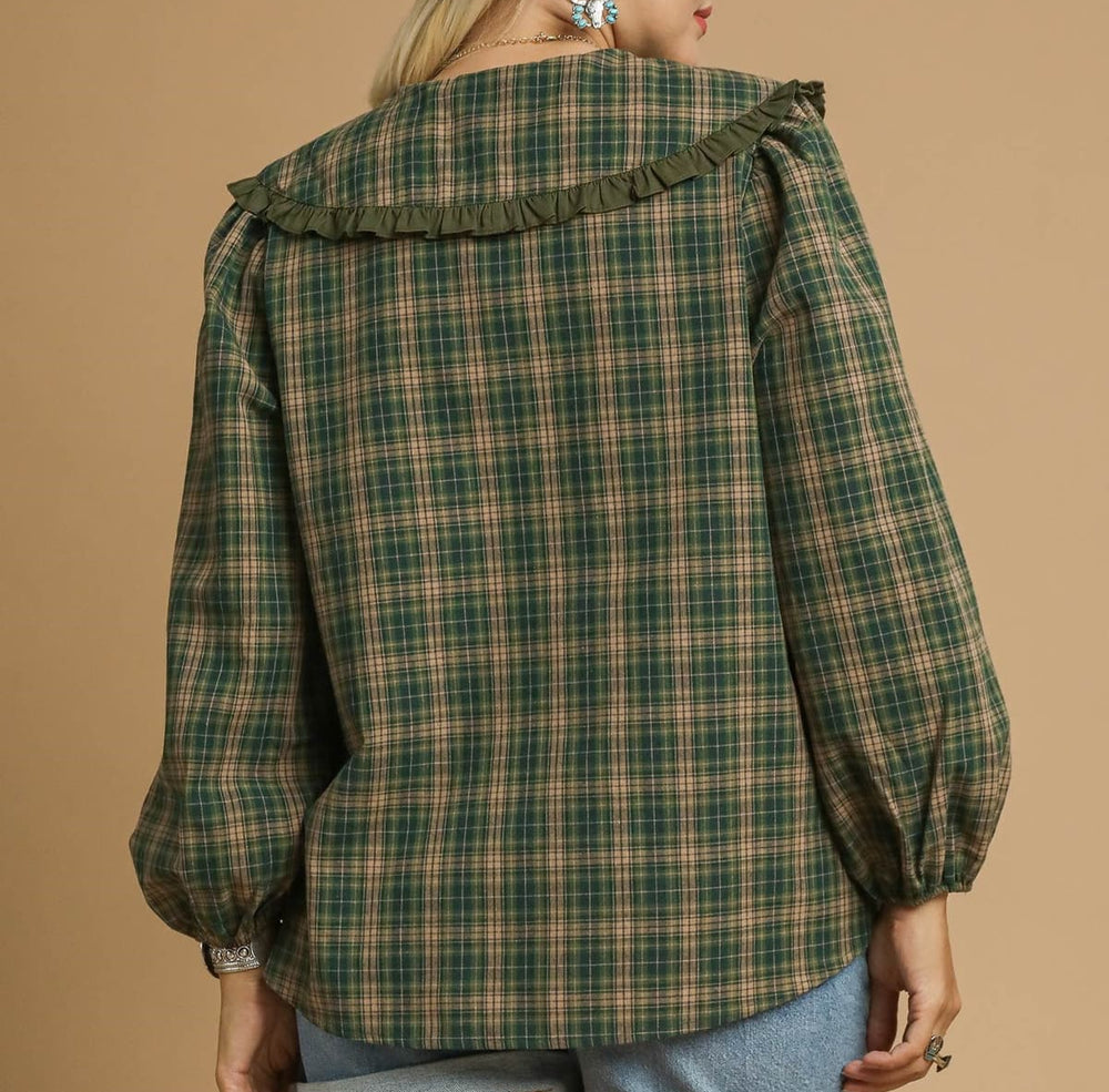 Olive Green Plaid Ruffle Top