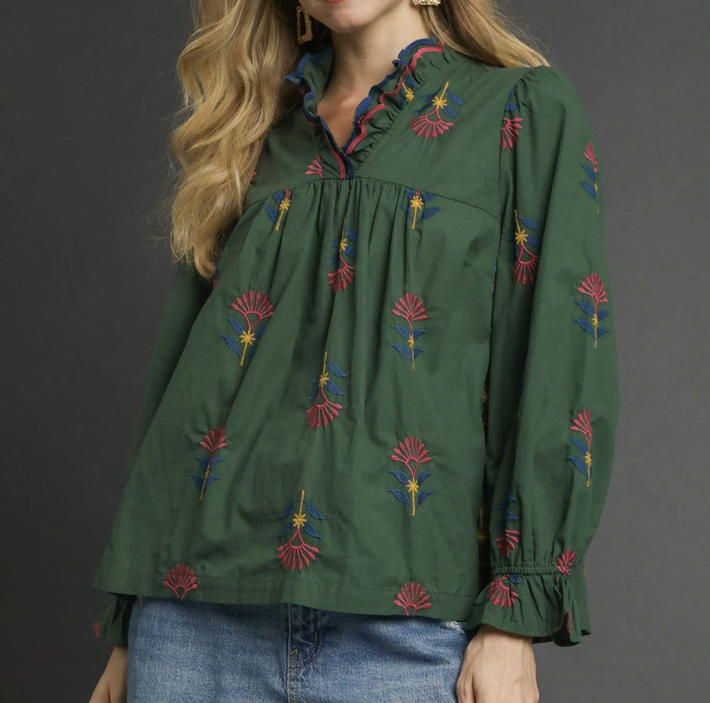 Embroidered Floral Ruffle Neck Blouse