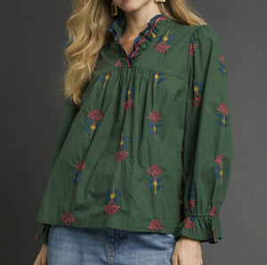 Embroidered Floral Ruffle Neck Blouse