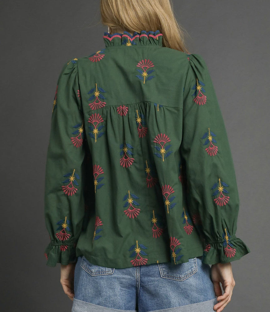Embroidered Floral Ruffle Neck Blouse