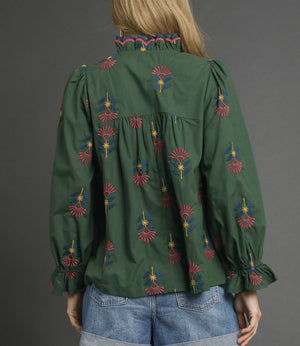 Embroidered Floral Ruffle Neck Blouse