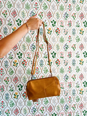 Vegan Crossbody Clutch with Woven Wristlet Strap - Saddle