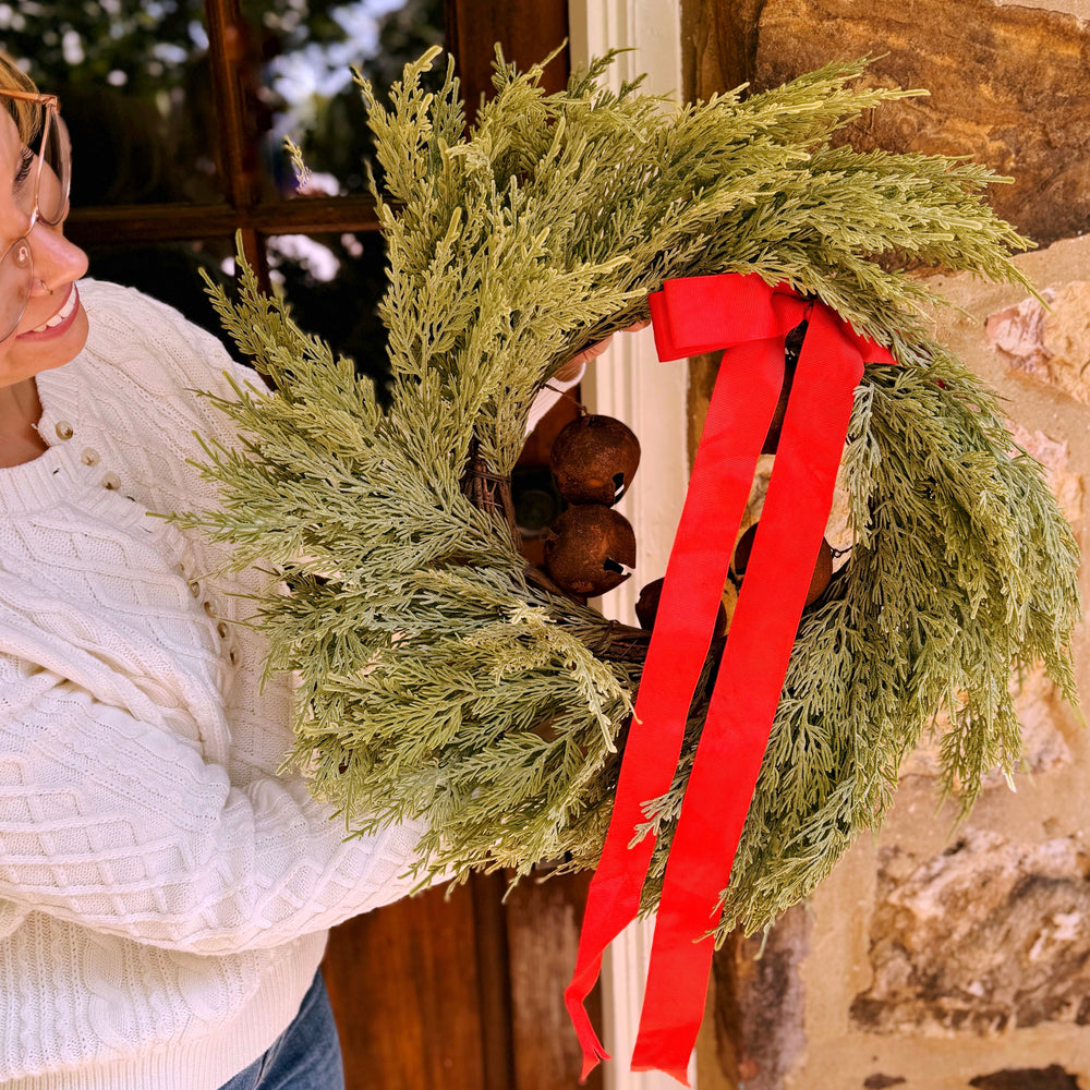 Faux Pine Wreath with Ribbon and Rustic Bells