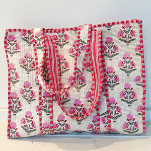 White Cotton Floral Printed Boho Bag with Striped Piping