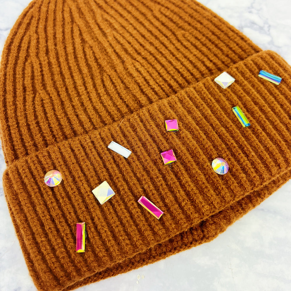 Brown Bedazzled Knit Hat