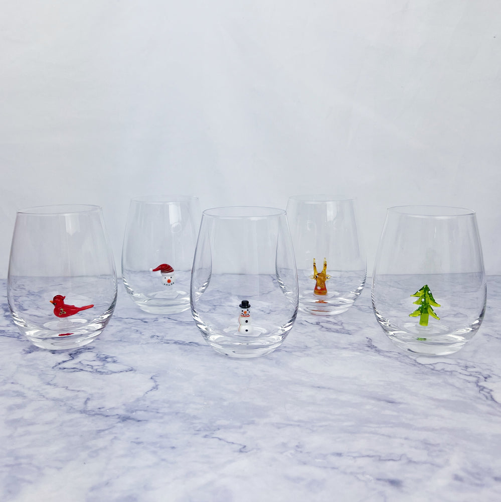 Holiday Stemless Wine Glass with Figurines