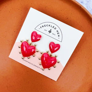 Pearl Red Dangle Heart Earrings