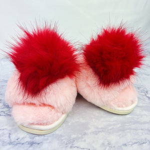 Pink and Red Pom Pom Fuzzy Slipper