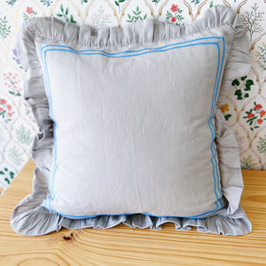 Square Ruffled Pillow With Embroidered Double Stripe