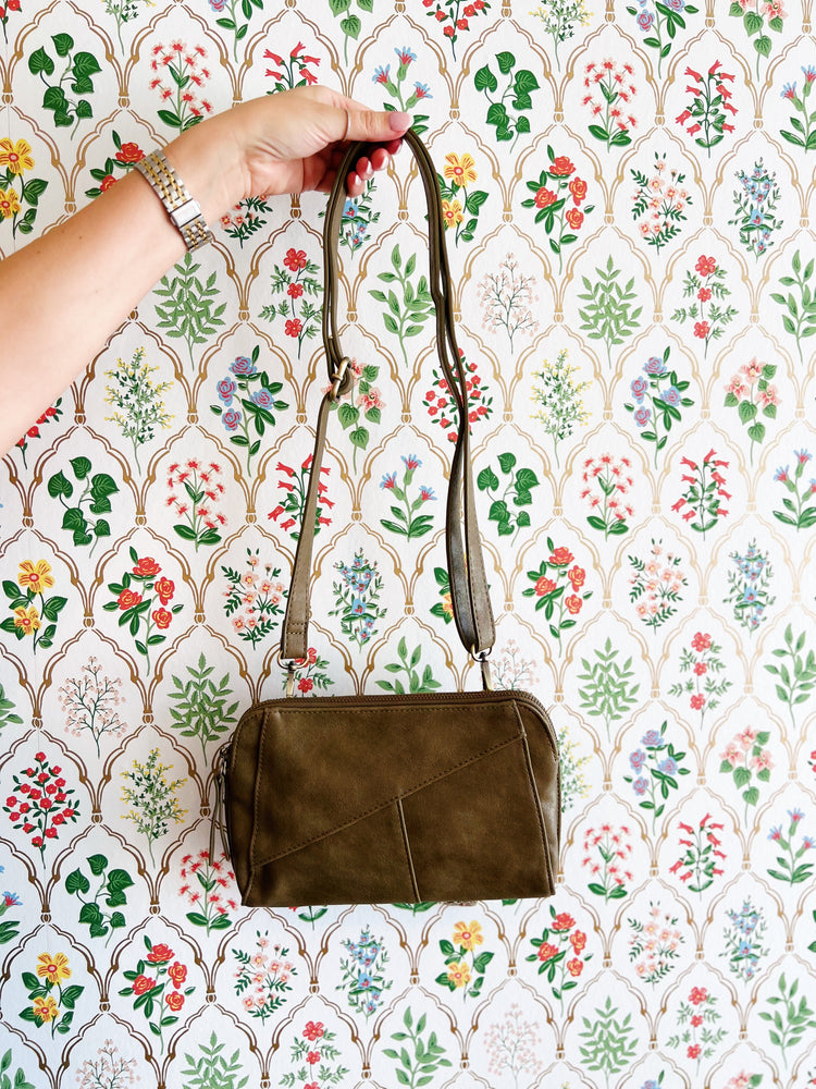 Vegan Crossbody Clutch with Woven Wristlet Strap - Saddle