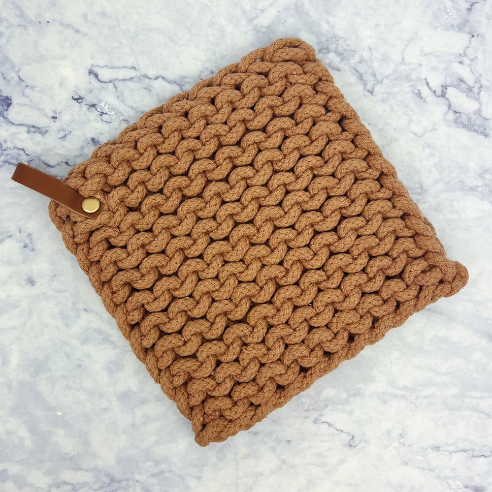 Woven Cotton Pot Holder With Leather Loop