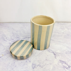 Blue and Tan Striped Jar With Lid