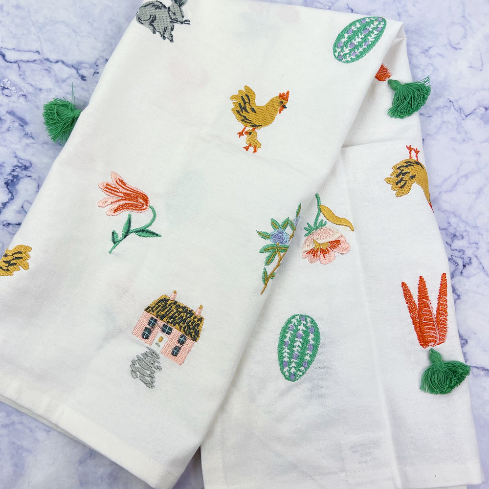 Spring Farm Embroidered Tea Towel