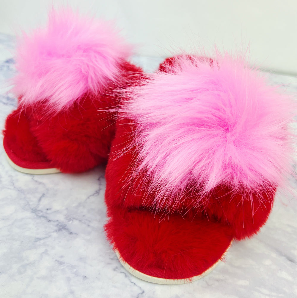 Pink and Red Pom Pom Fuzzy Slipper