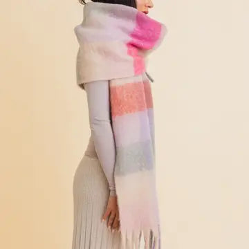 Soft Pink Plaid Oversize Fringe Scarf
