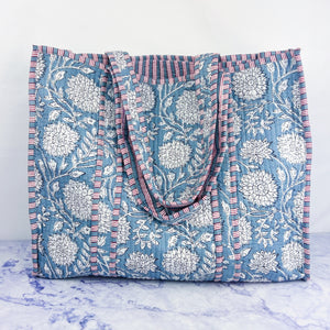 Blue Dahlia Printed Boho Bag with Striped Piping