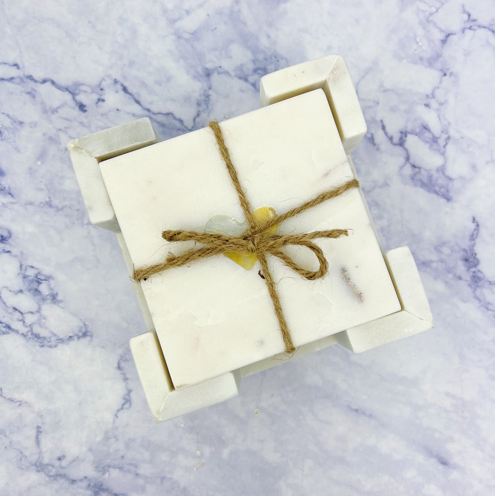 White Marble Coaster Set with Gold Hearts