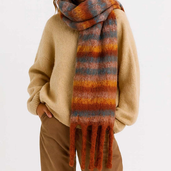 Cozy Multi Color Striped Fringe Knit Scarf