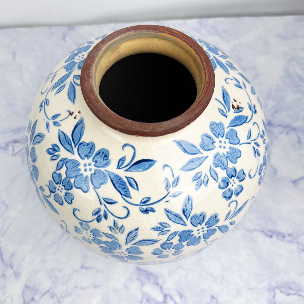 Blue and White Floral Terracotta Vase
