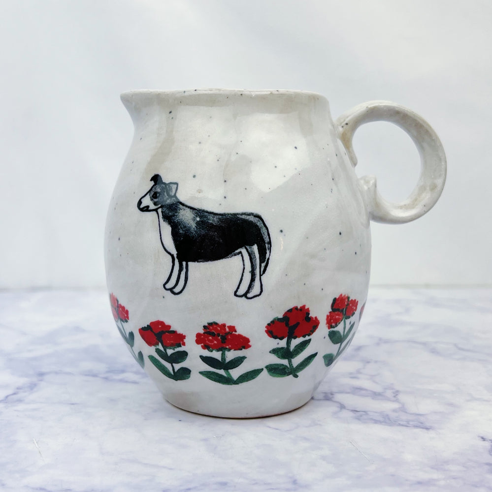 Stoneware Creamer with Dog & Flowers