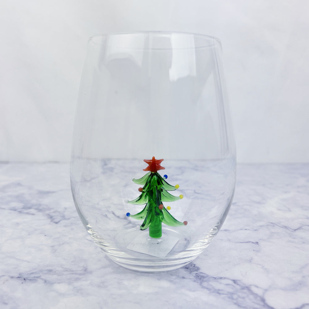 Holiday Stemless Wine Glass with Tree