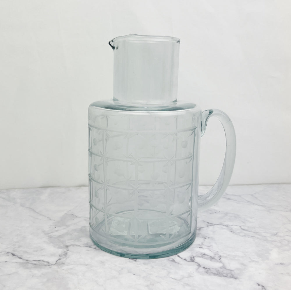 Hand Blown Etched Glass Pitcher